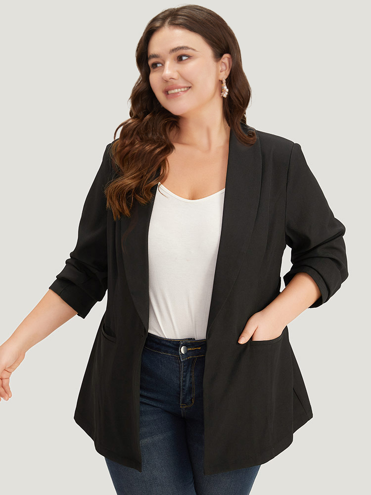Plus Size Plain Ties Pocket Belted Lapel Collar Blazer Black Women Work Plain Plain Sleeve Long Sleeve Lapel Collar 14-16/1X Pocket Belt Workwear Essentials Blazers BloomChic 