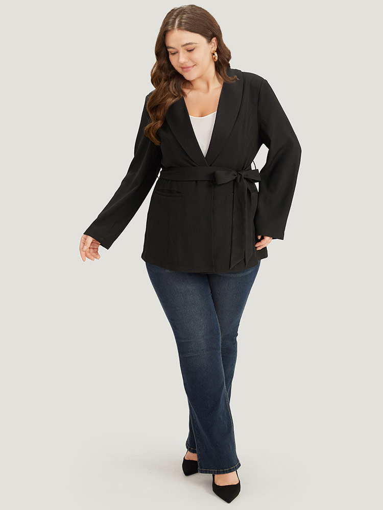 Plus Size Plain Ties Pocket Belted Lapel Collar Blazer Black Women Work Plain Plain Sleeve Long Sleeve Lapel Collar 14-16/1X Pocket Belt Workwear Essentials Blazers BloomChic 