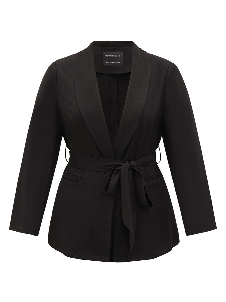 Plus Size Plain Ties Pocket Belted Lapel Collar Blazer Black Women Work Plain Plain Sleeve Long Sleeve Lapel Collar 14-16/1X Pocket Belt Workwear Essentials Blazers BloomChic 