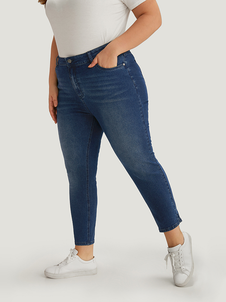 

Plus Size Plain Split Side Very Stretchy Zipper Fly Jeans Women DarkBlue Casual Plain Plain High stretch Pocket Jeans BloomChic