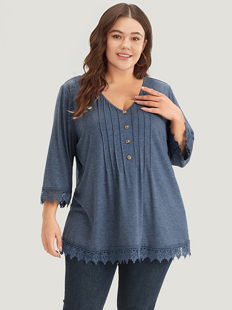 

Plus Size Lace Insert Button Detail Pleated T-shirt DarkBlue V-neck Elbow-length sleeve Elegant Jersey Tops