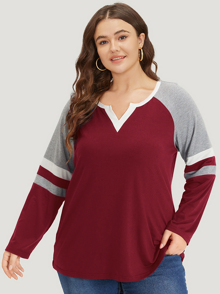 

Plus Size Colorblock Contrast Notched Patchwork Raglan Sleeve T-shirt Scarlet Women Casual Contrast Striped Notched collar Dailywear T-shirts BloomChic