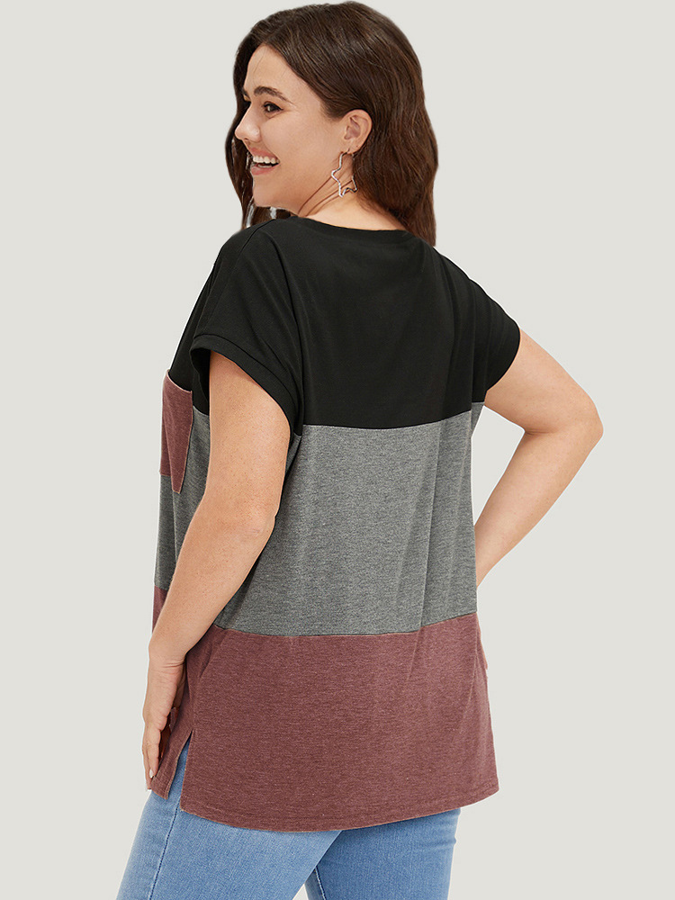 Plus Size Colorblock Contrast Patched Pocket Batwing Sleeve T-shirt Russet Women Casual Contrast Colorblock Round Neck Dailywear T-shirts BloomChic 28/5X 