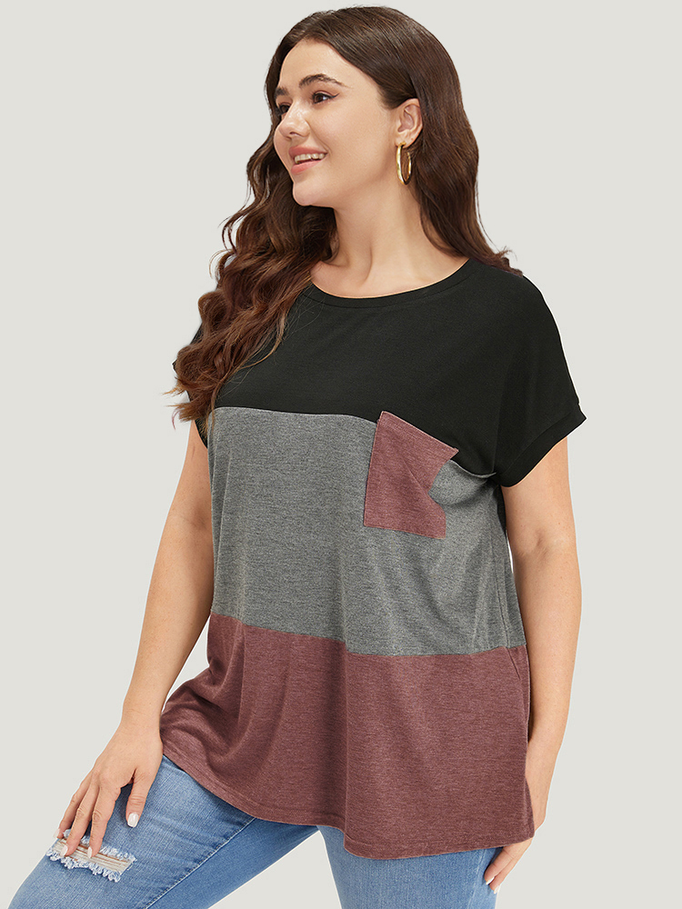 Plus Size Colorblock Contrast Patched Pocket Batwing Sleeve T-shirt Russet Women Casual Contrast Colorblock Round Neck Dailywear T-shirts BloomChic 28/5X 