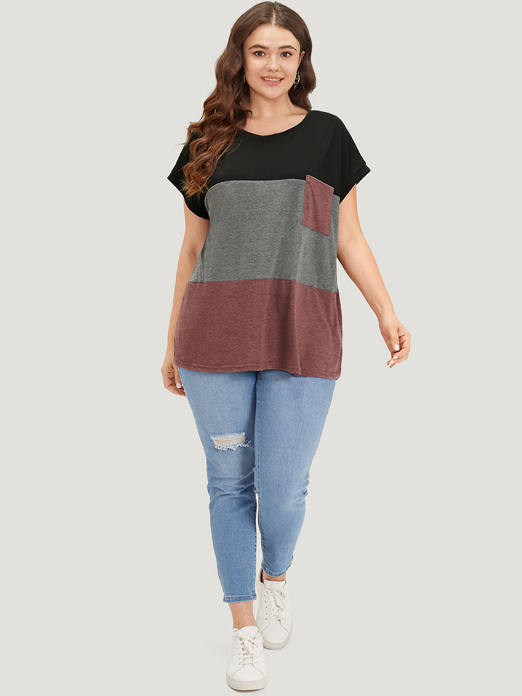 Plus Size Colorblock Contrast Patched Pocket Batwing Sleeve T-shirt Russet Women Casual Contrast Colorblock Round Neck Dailywear T-shirts BloomChic 28/5X 