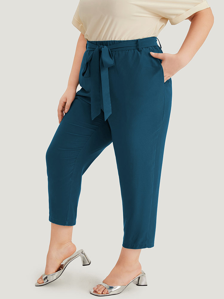 

Anti-Wrinkle Plain Belted Pocket Elastic Waist Woven Pants, Cyan