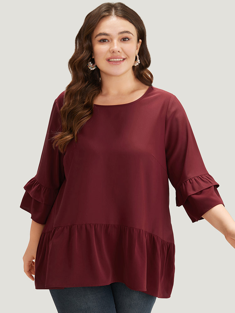 

Plus Size Scarlet Anti-Wrinkle Plain Ruffle Layered Sleeve Crew Neck Blouse Women Office Half Sleeve Round Neck Work Blouses BloomChic