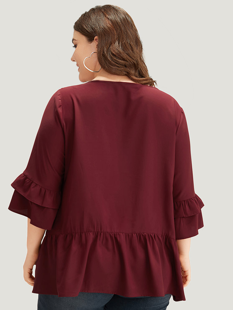 Plus Size Women Work Plain Plain Ruffle Sleeve Half Sleeve Round Neck Office Blouses BloomChic 