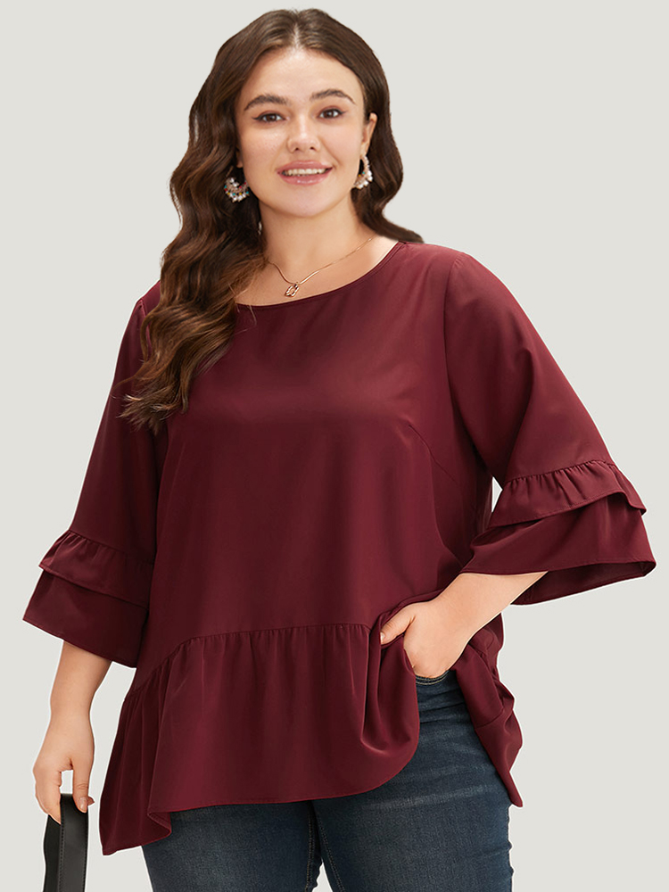 Plus Size Women Work Plain Plain Ruffle Sleeve Half Sleeve Round Neck Office Blouses BloomChic 