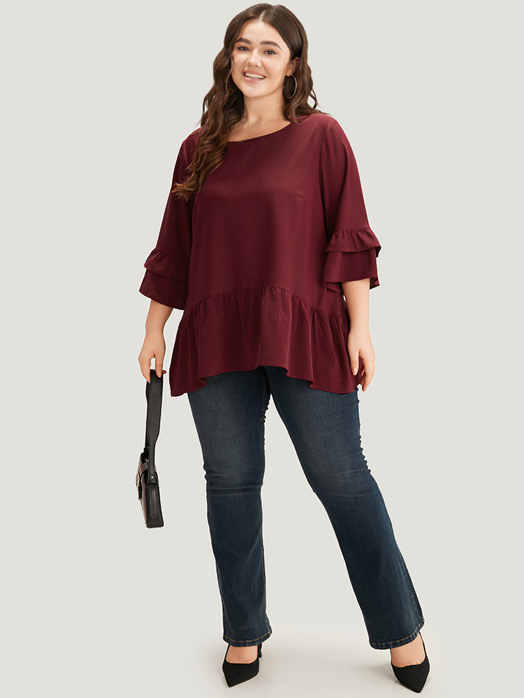 Plus Size Women Work Plain Plain Ruffle Sleeve Half Sleeve Round Neck Office Blouses BloomChic 