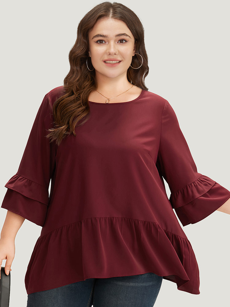 Plus Size Women Work Plain Plain Ruffle Sleeve Half Sleeve Round Neck Office Blouses BloomChic 