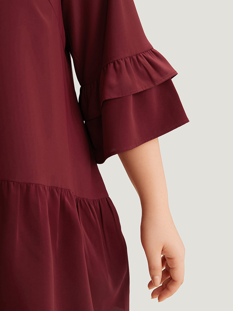 Plus Size Women Work Plain Plain Ruffle Sleeve Half Sleeve Round Neck Office Blouses BloomChic 