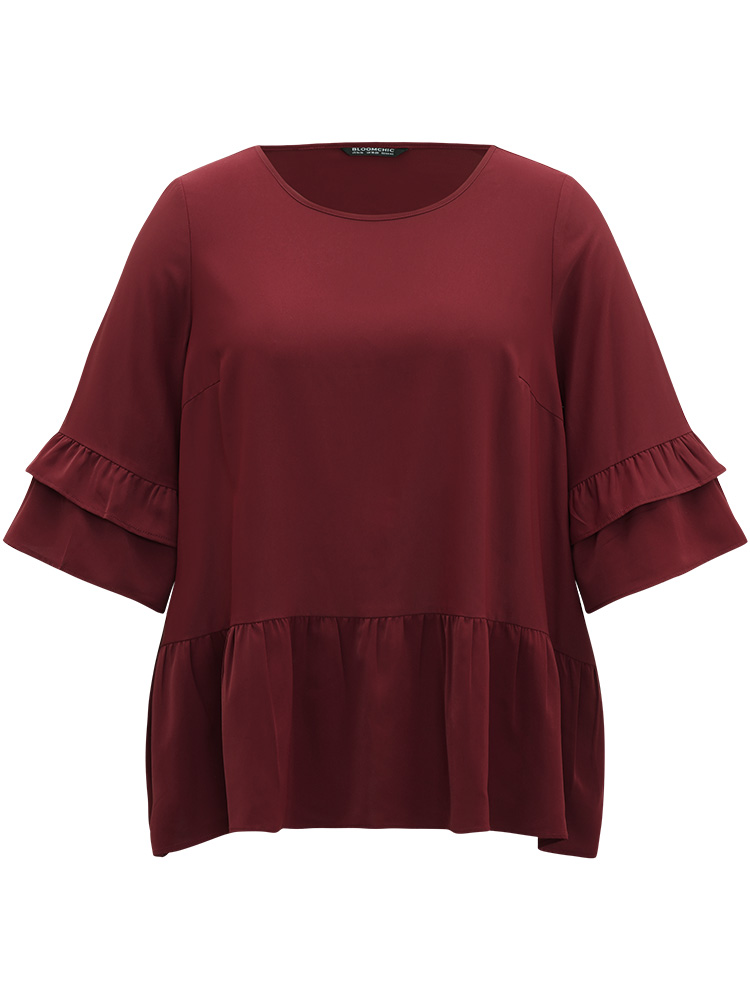 Plus Size Women Work Plain Plain Ruffle Sleeve Half Sleeve Round Neck Office Blouses BloomChic 