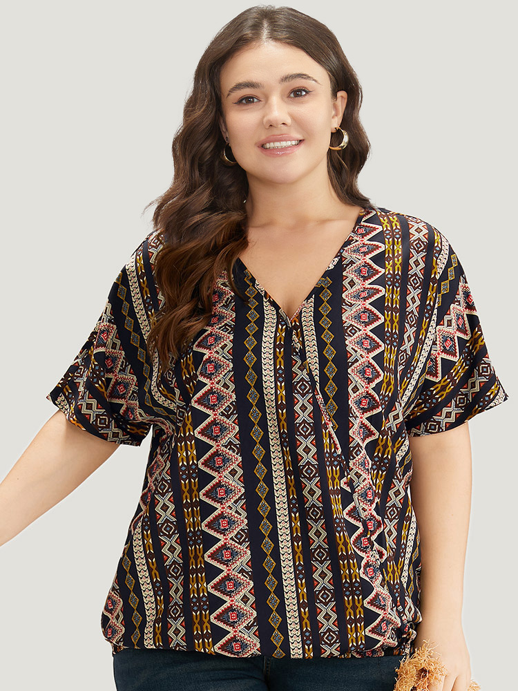 Plus Size Women Dailywear Bohemian Print Wrap Regular Sleeve Short sleeve V-neck Vacation Blouses BloomChic 