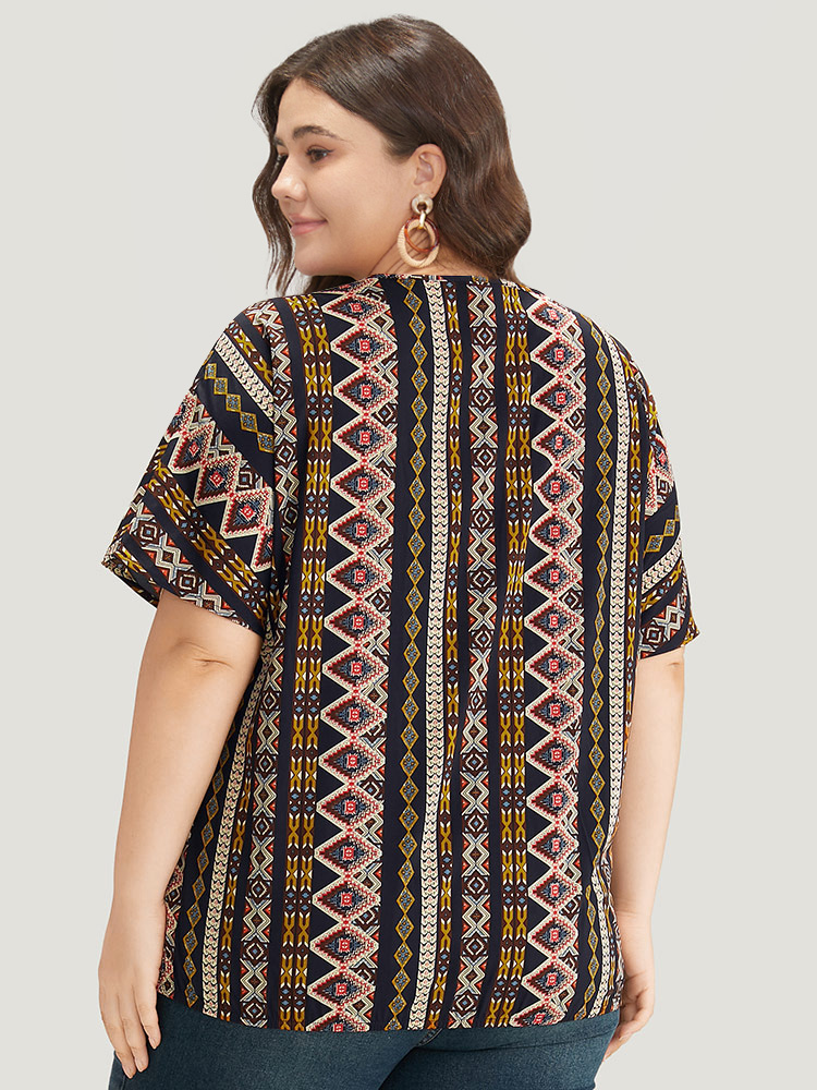 Plus Size Women Dailywear Bohemian Print Wrap Regular Sleeve Short sleeve V-neck Vacation Blouses BloomChic 