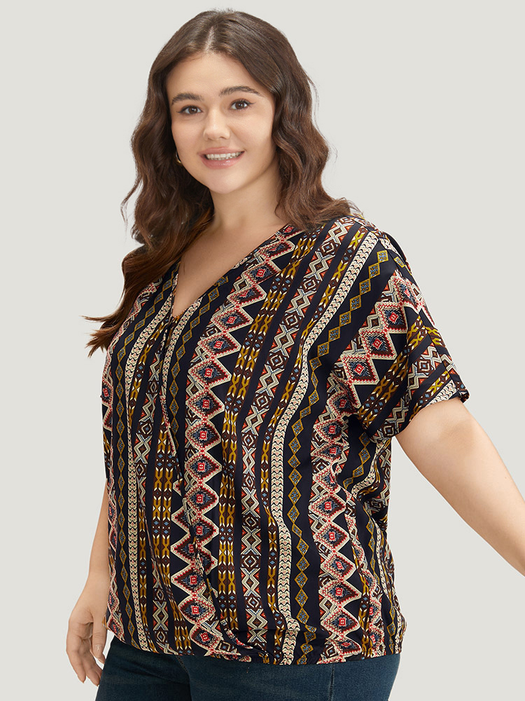 Plus Size Women Dailywear Bohemian Print Wrap Regular Sleeve Short sleeve V-neck Vacation Blouses BloomChic 