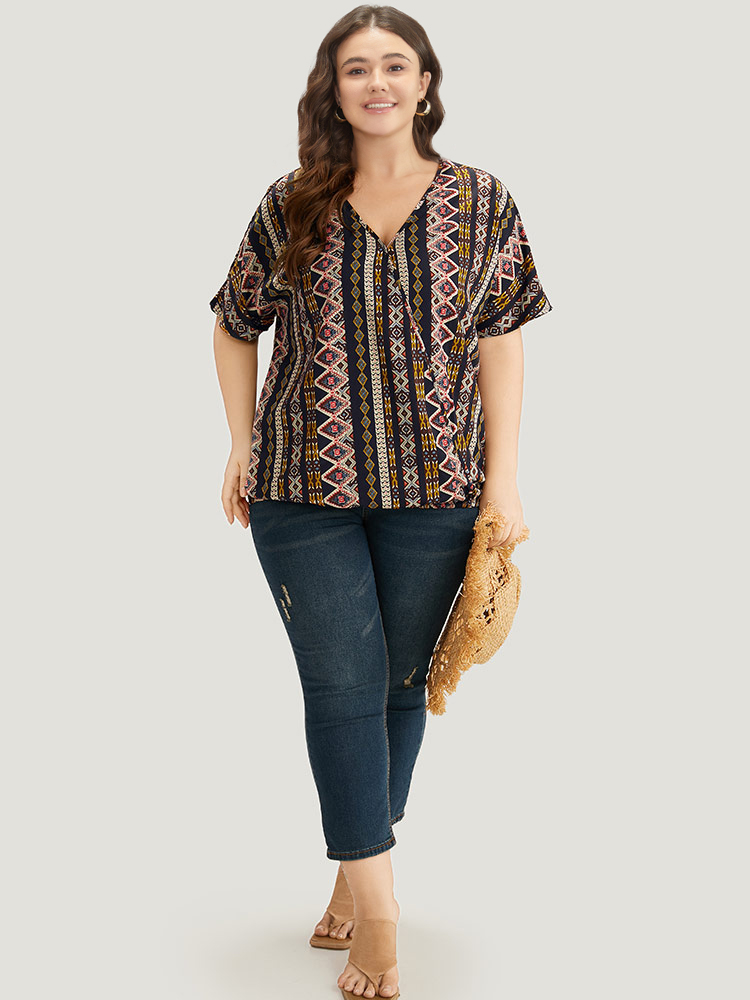 Plus Size Women Dailywear Bohemian Print Wrap Regular Sleeve Short sleeve V-neck Vacation Blouses BloomChic 