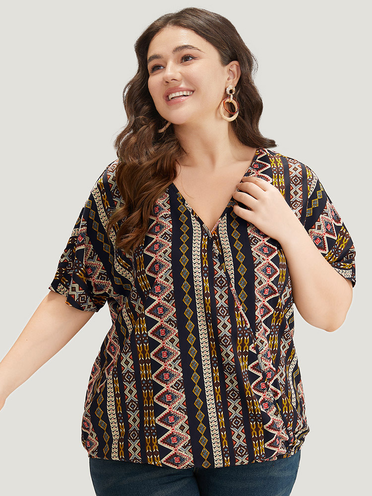Plus Size Women Dailywear Bohemian Print Wrap Regular Sleeve Short sleeve V-neck Vacation Blouses BloomChic 