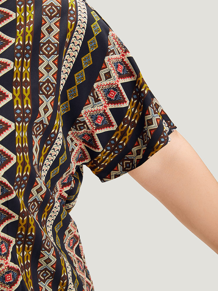 Plus Size Women Dailywear Bohemian Print Wrap Regular Sleeve Short sleeve V-neck Vacation Blouses BloomChic 