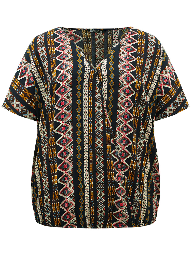 Plus Size Women Dailywear Bohemian Print Wrap Regular Sleeve Short sleeve V-neck Vacation Blouses BloomChic 
