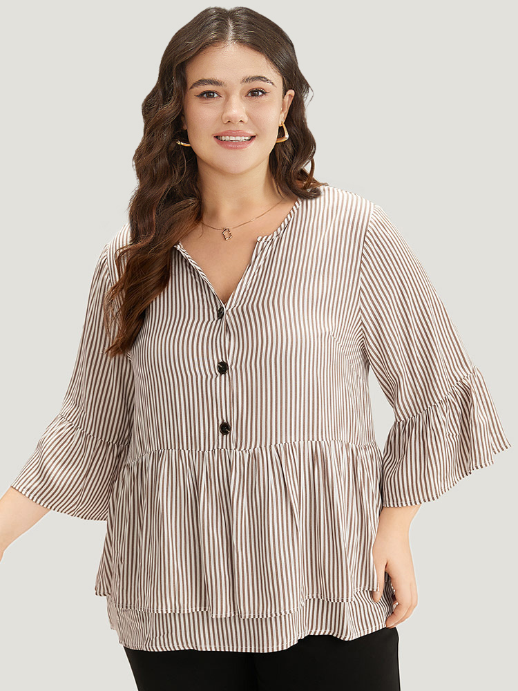 Plus Size Women Work Striped Button Bell Sleeve Elbow-length sleeve V-neck Office Blouses BloomChic 