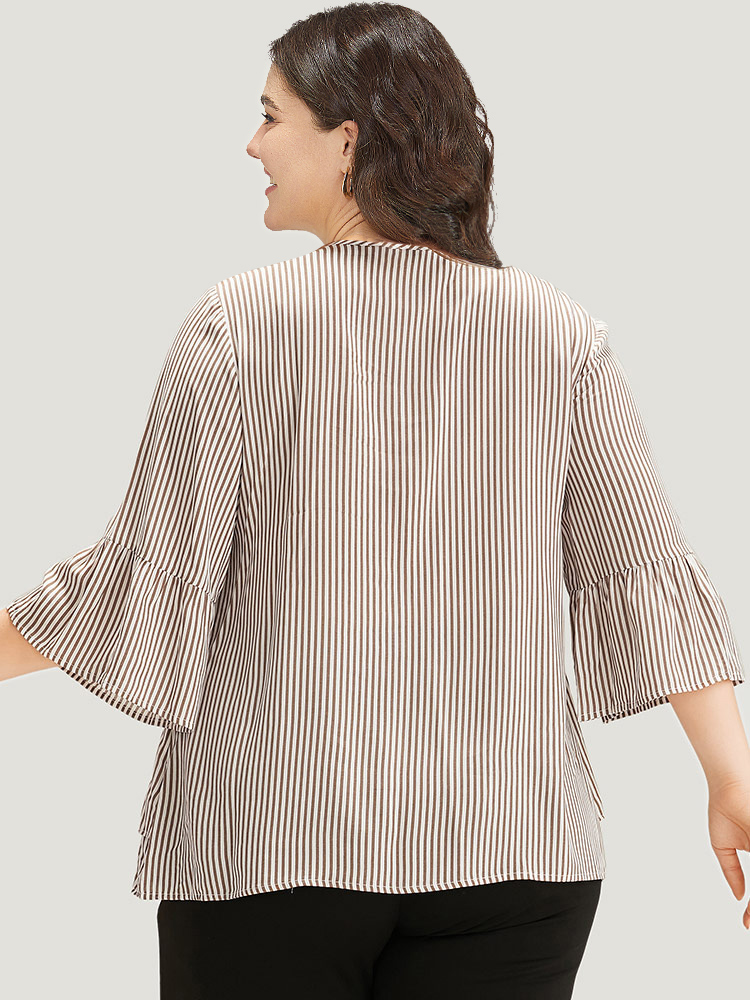 Plus Size Women Work Striped Button Bell Sleeve Elbow-length sleeve V-neck Office Blouses BloomChic 