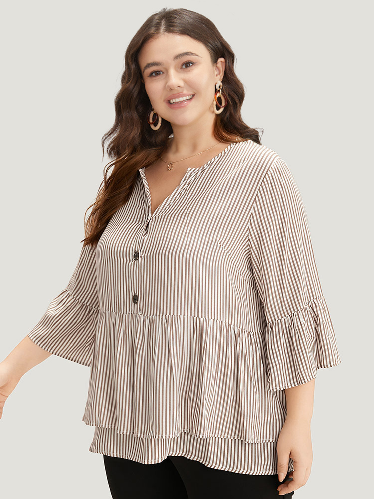 Plus Size Women Work Striped Button Bell Sleeve Elbow-length sleeve V-neck Office Blouses BloomChic 
