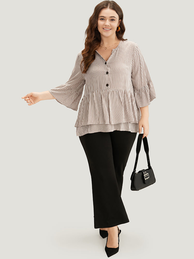 Plus Size Women Work Striped Button Bell Sleeve Elbow-length sleeve V-neck Office Blouses BloomChic 