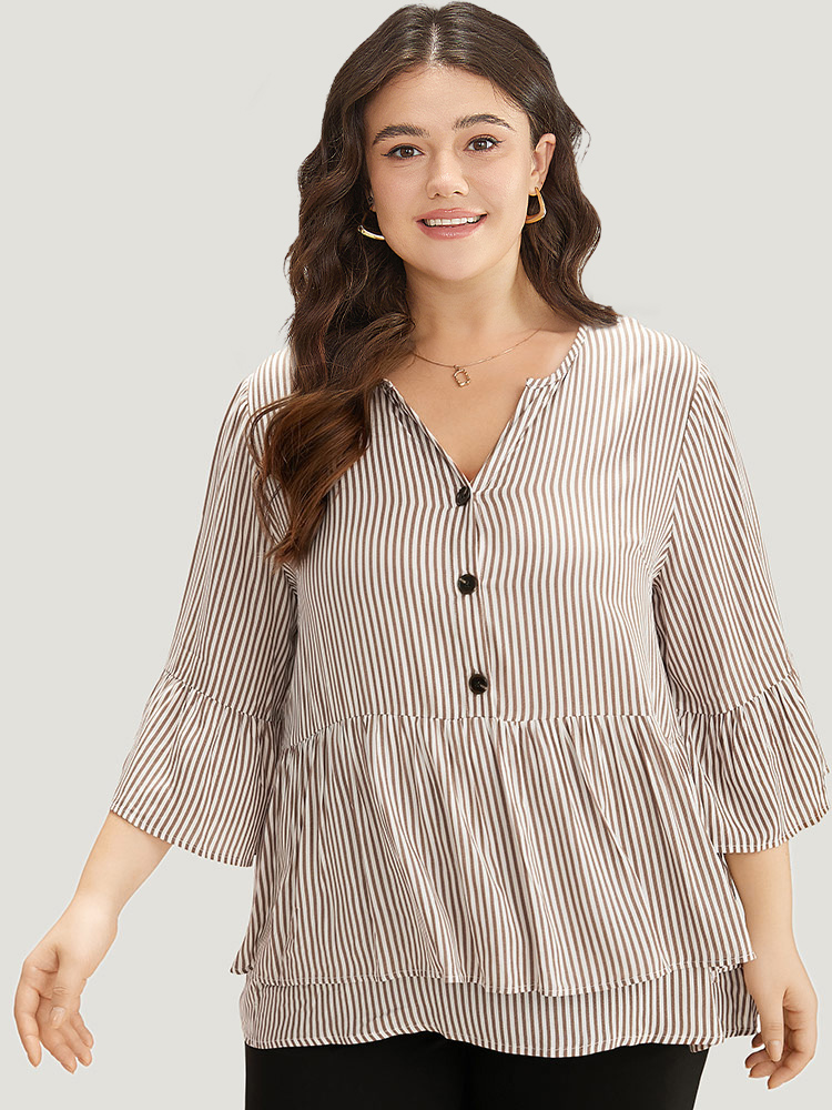 Plus Size Women Work Striped Button Bell Sleeve Elbow-length sleeve V-neck Office Blouses BloomChic 