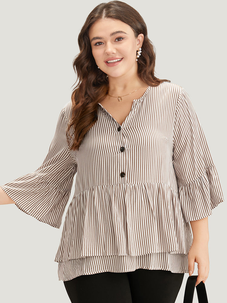 Plus Size Women Work Striped Button Bell Sleeve Elbow-length sleeve V-neck Office Blouses BloomChic 