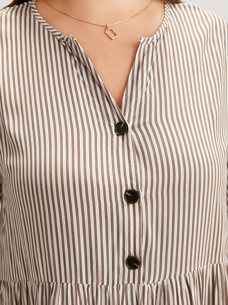 Plus Size Women Work Striped Button Bell Sleeve Elbow-length sleeve V-neck Office Blouses BloomChic 