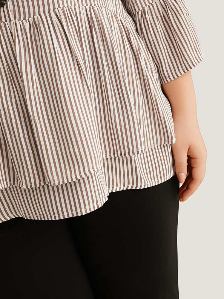 Plus Size Women Work Striped Button Bell Sleeve Elbow-length sleeve V-neck Office Blouses BloomChic 