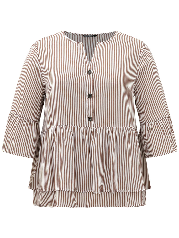 

Plus Size Multicolor Striped Button Up Ruffles Bell Sleeve Blouse Women Office Elbow-length sleeve V-neck Work Blouses BloomChic