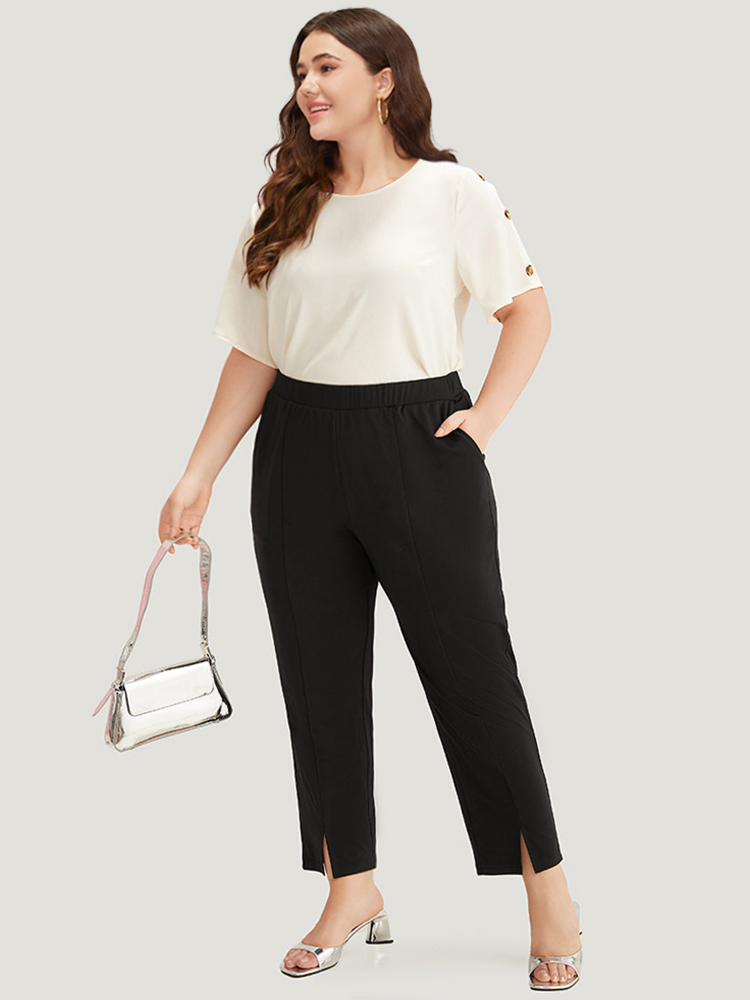 

Plus Size Plain Split Hem Pocket Elastic Waist Pants Women Black At the Office High Rise Work Pants BloomChic