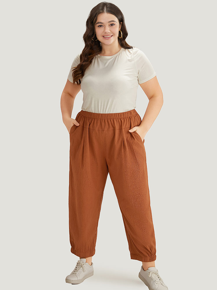 Plus Size Women Dailywear Plain Texture High Rise Pocket Casual Pants BloomChic 