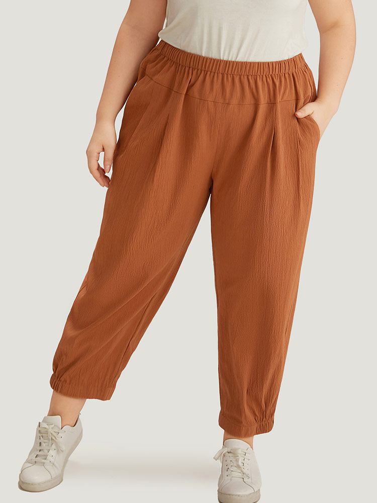 Plus Size Women Dailywear Plain Texture High Rise Pocket Casual Pants BloomChic 