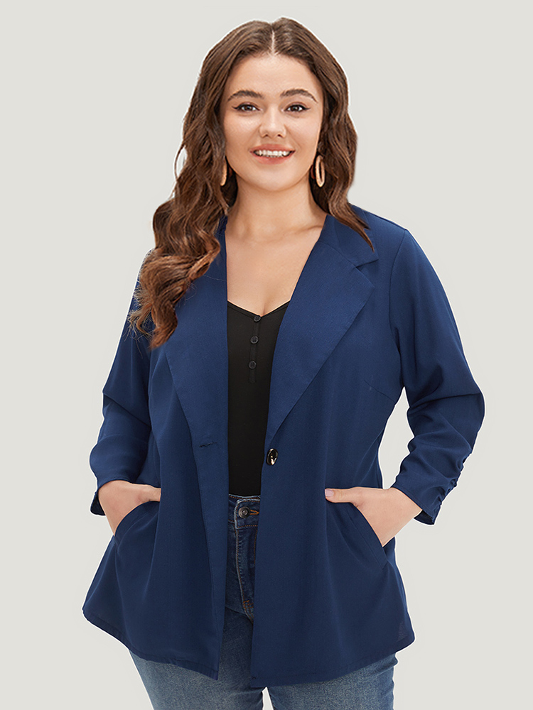 

Plus Size Plain Pocket Button Up Suit Collar Gathered Blazer Indigo Women Work Plain Gathered Sleeve Long Sleeve Suit Collar  Pocket Office Blazers BloomChic