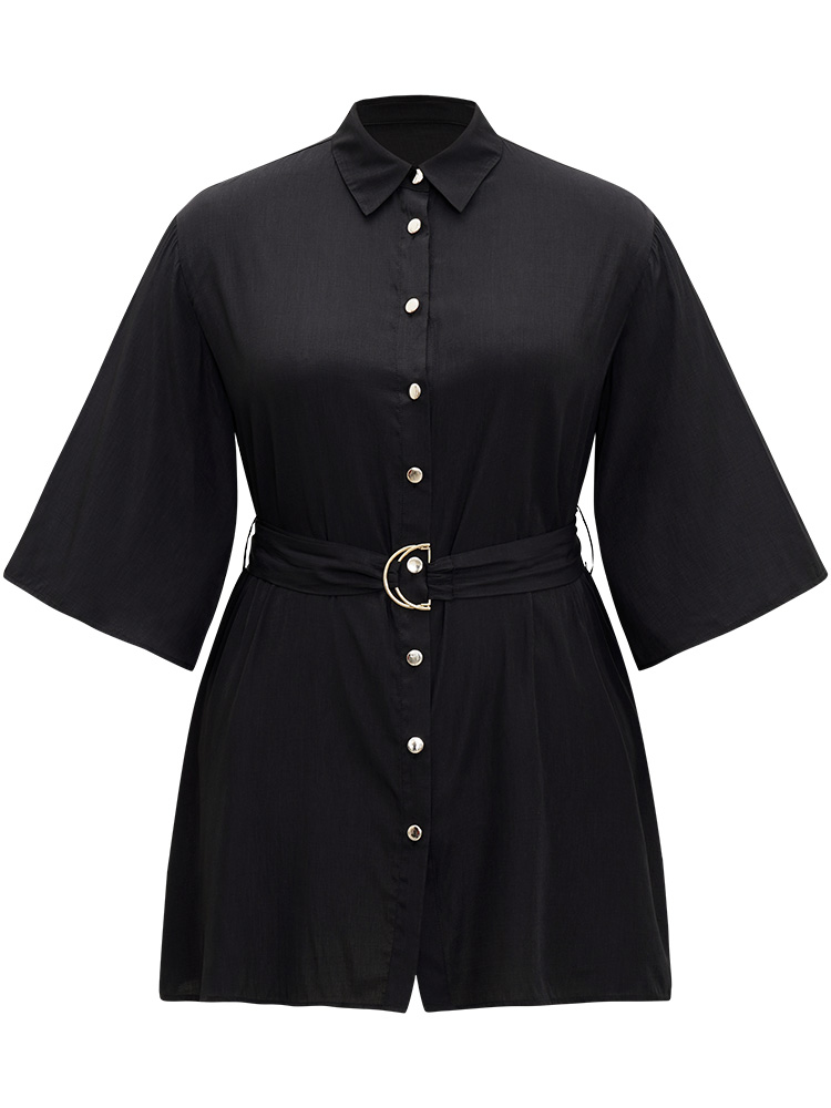 

Plus Size Halloween Plain Button Up Shirt Collar Buckle Detail Coat Women Black Plain Belt Dailywear Jackets BloomChic