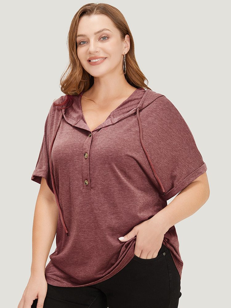 

Plus Size Plain Drawstring Roll Sleeve Button Up Hooded T-shirt Russet Women Casual Drawstring Plain Hooded Everyday T-shirts BloomChic