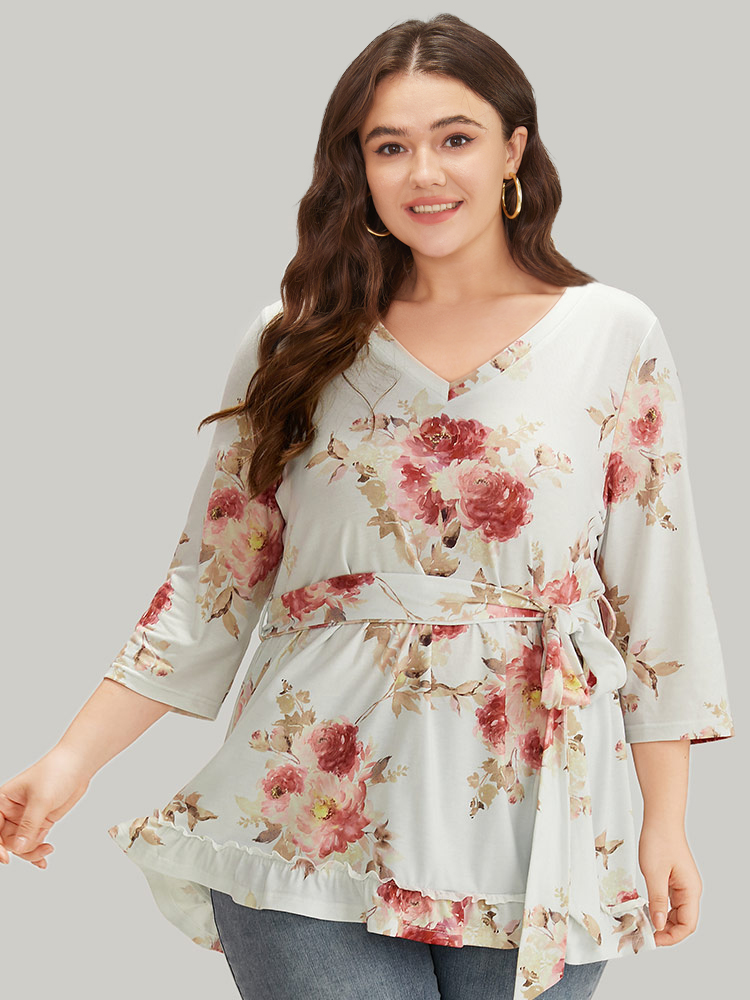 

Plus Size Floral Print Belted Frill Trim T-shirt White V-neck Elbow-length sleeve Elegant Jersey Tops