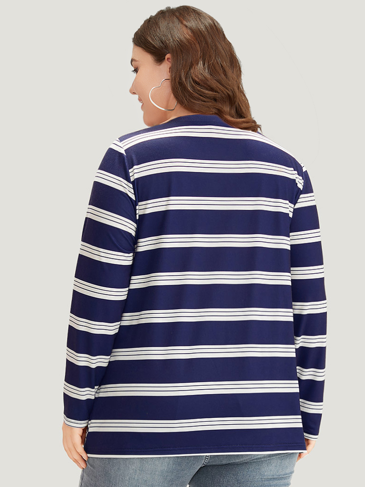 Plus Size Women Dailywear Striped Printed Regular Sleeve Long Sleeve V-neck Casual T-shirts BloomChic 