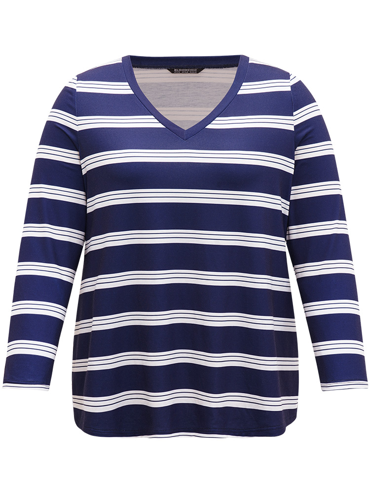 Plus Size Women Dailywear Striped Printed Regular Sleeve Long Sleeve V-neck Casual T-shirts BloomChic 