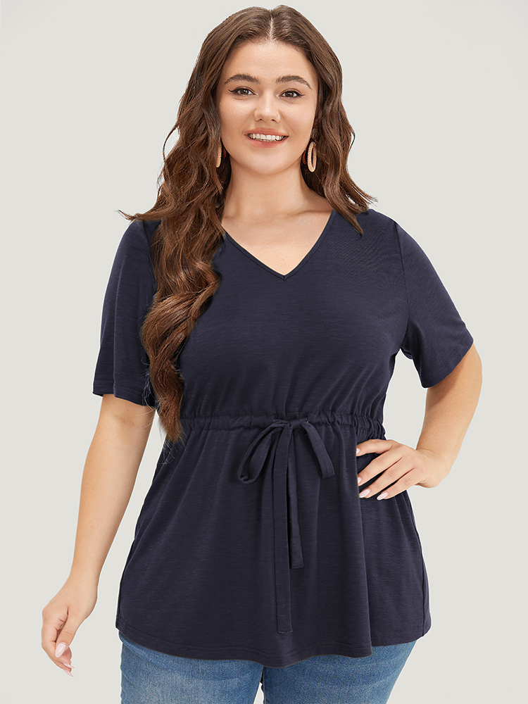 

Plus Size Plain V Neck Drawstring T-shirt DarkBlue Women Elegant Drawstring Plain V-neck Dailywear T-shirts BloomChic