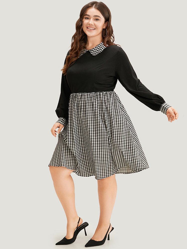 

Plus Size Gingham Patchwork Pocket Shirt Collar Dress Black Women Office Patchwork Shirt collar Long Sleeve Curvy Midi Dress BloomChic