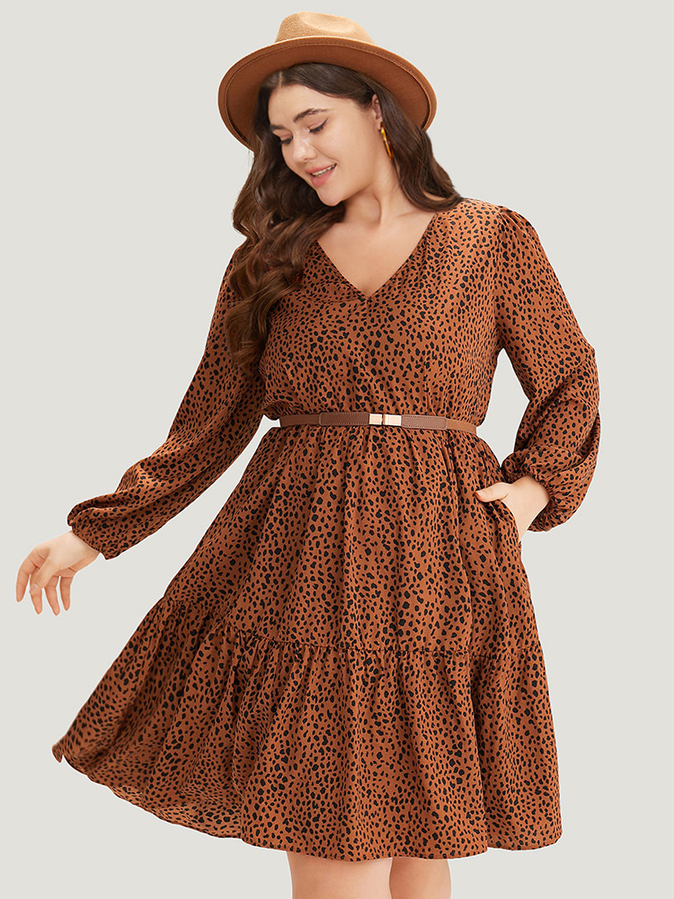 

Plus Size Leopard Lantern Sleeve V Neck Pocket Dress Chocolate Women Elegant Elastic cuffs V-neck Long Sleeve Curvy Midi Dress BloomChic