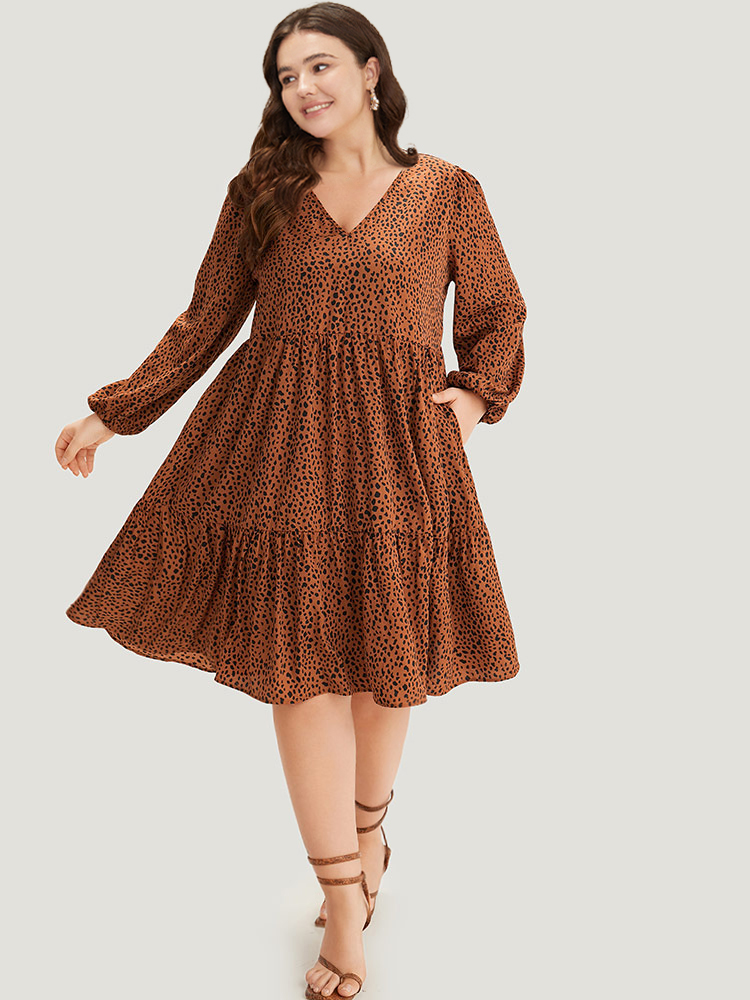 

Plus Size Leopard Lantern Sleeve V Neck Pocket Dress Chocolate Women Elegant Elastic cuffs V-neck Long Sleeve Curvy Midi Dress BloomChic