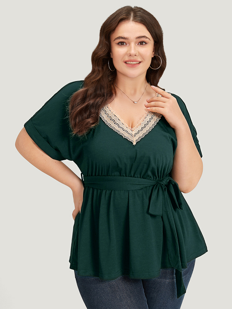 

Solid Lace Patchwork V Neck Belted T-shirt, Darkgreen