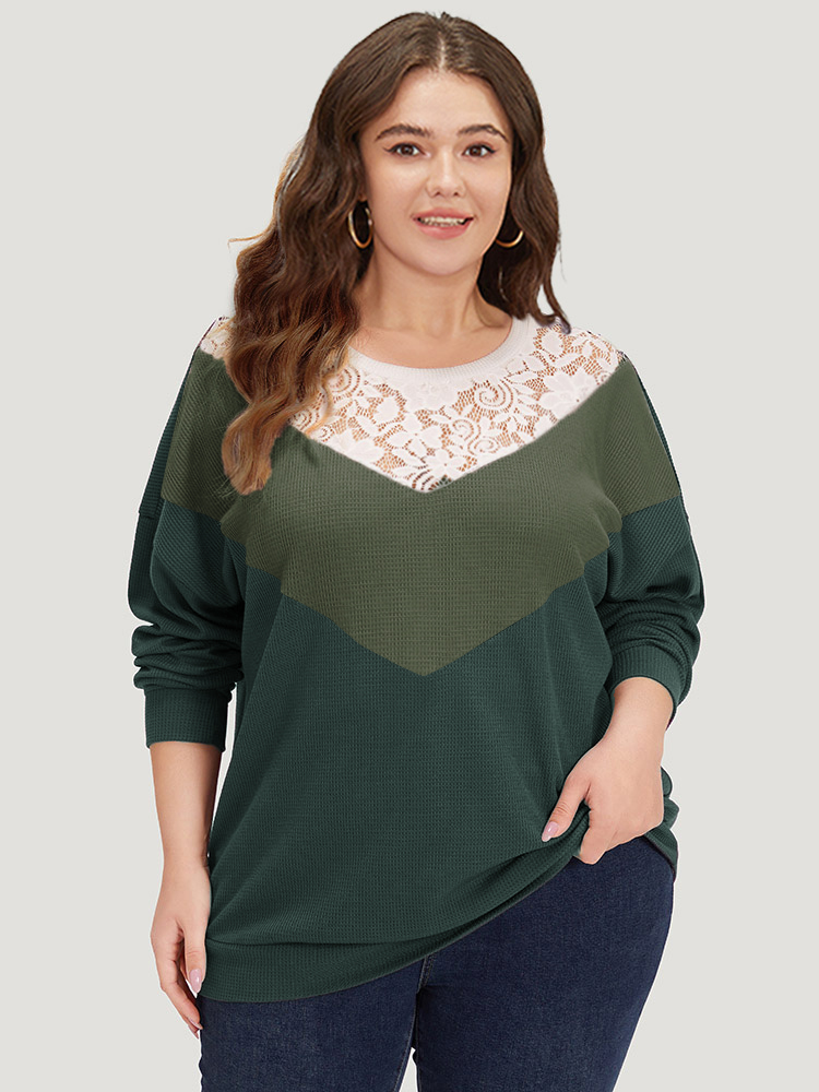 

Plus Size Silhouette Floral Print Lace Patchwork Contrast Sweatshirt Women Green Elegant Elastic cuffs Round Neck Dailywear Sweatshirts BloomChic