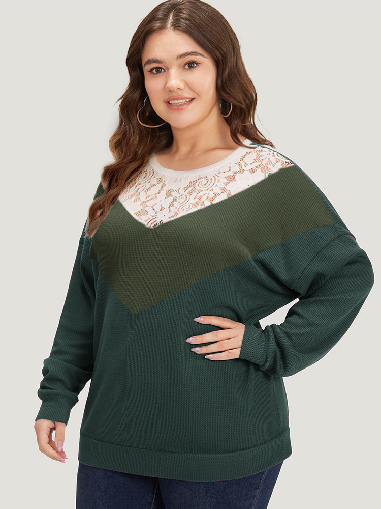 Plus Size Silhouette Floral Print Lace Patchwork Contrast Sweatshirt Women Green Elegant Elastic cuffs Round Neck Dailywear Sweatshirts BloomChic 26/4X 