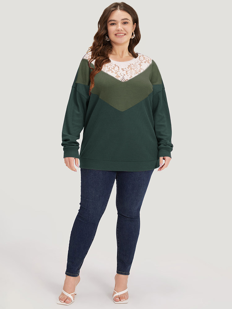 Plus Size Silhouette Floral Print Lace Patchwork Contrast Sweatshirt Women Green Elegant Elastic cuffs Round Neck Dailywear Sweatshirts BloomChic 26/4X 